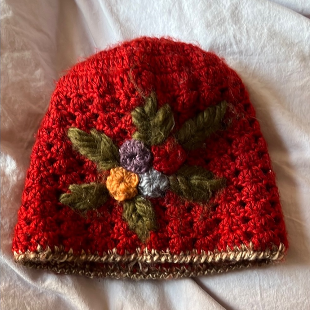 Handcrafted Red Floral Knit Beanie